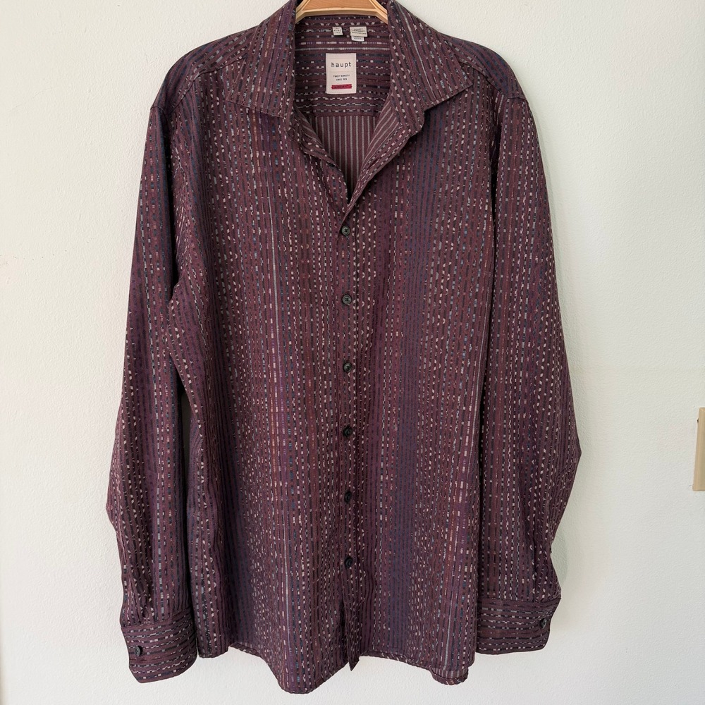 Haupt Germany Mens Modern Fit Button Down Shirt Burgundy Textured Stripe L 16.5